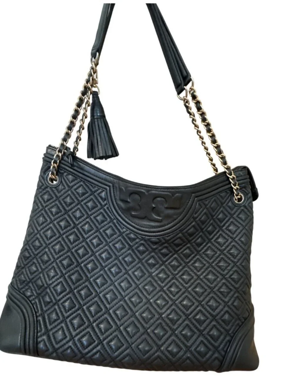Tory Burch Fleming Quilted Leather Tote Bag Black Gold Chain Shoulder Bag